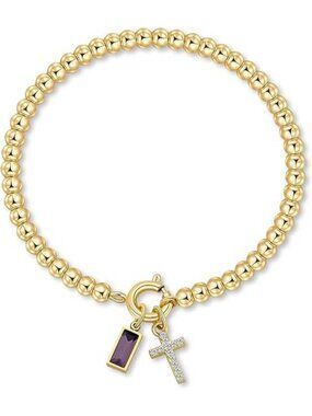 06-June(Alexandrite) Cross Birthstone Elastic 14K Gold Plated Bead Bracelet
